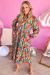 Multi-Color Abstract Geometric Print Long Sleeve High Waist Dress